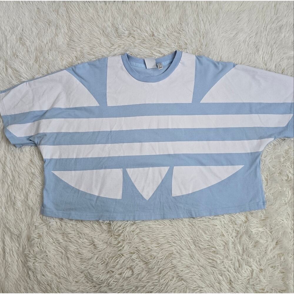 Adidas Originals Light Blue Large Logo Graphic Cropped Tee XL